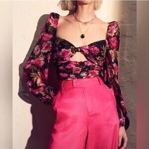 Cami NYC Kimmy Long Sleeve Pink Black Floral Bodysuit Blouse Silk 2 Chiffon